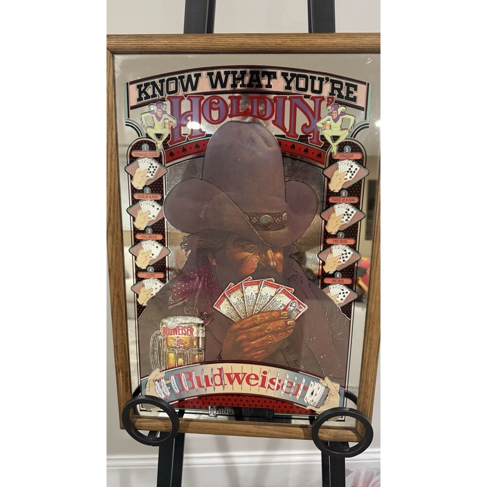 Budweiser Vintage Mirror Sign "Know What You’re Holdin" Poker Theme Wood Frame